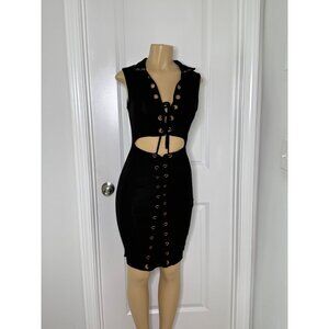 Black Sleeveless Bodycon Dress With Grommet & Lace-Up Detail By Hot & Delicious